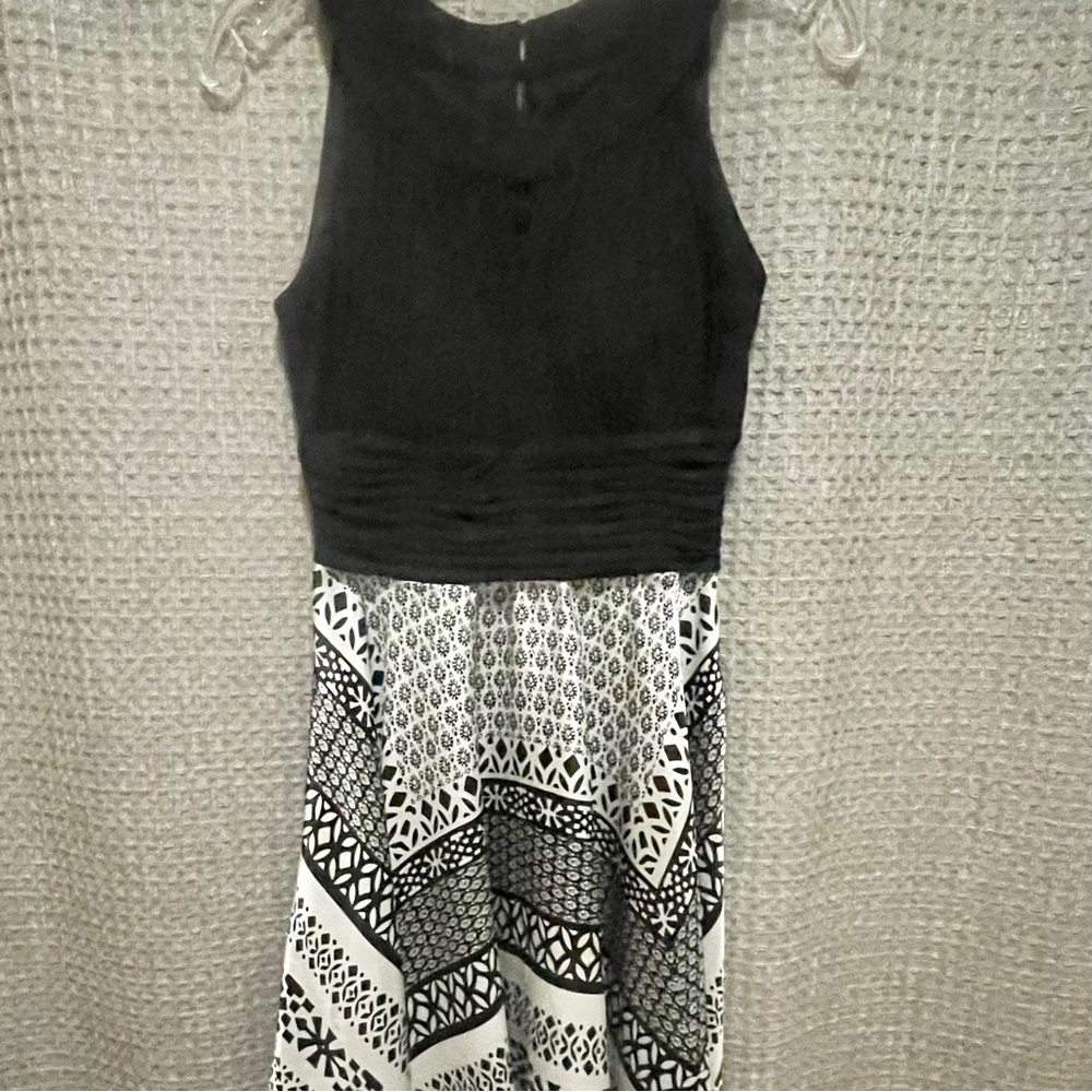 Black and White Stretchy Halter Top Flowy Satin Dress